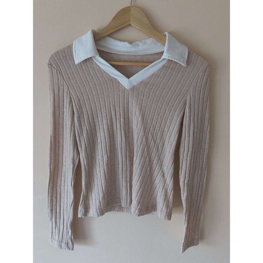 Women's S Beige White Collared Ribbed V-Neck Long Sleeve Fitted Knit Top